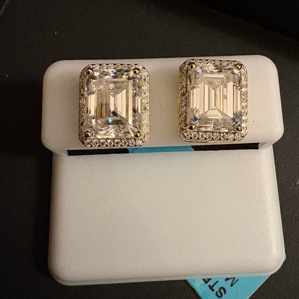 14k Gold over Solid Silver 8.35 Carat Emerald Cut Halo VVSD Moissanite Earrings